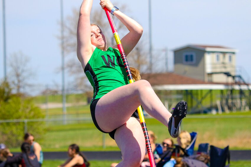 Lainey Rodger of WC attempts to clear a height at the Tri County invite on April 17.
