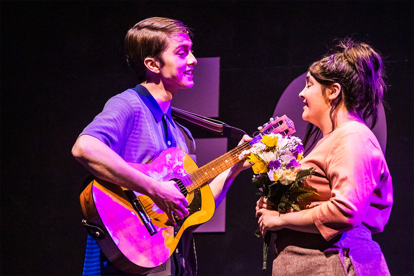 Logan Capek (Harold) serenades Paige Pulte (Daphne) in Doane University's musical production of "Fly by Night." The show runs April 25-28. Tickets are $15.