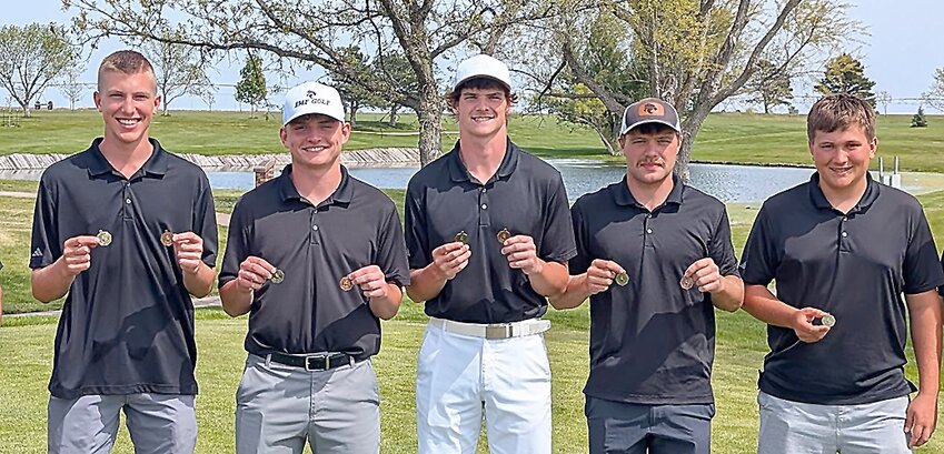 EMF golfers, from left, Carter Milton, Aiden Vavra, Jacob Klooz, Mikey Bartu and Zach Spohn took the team title at Sutton and finished second at York.