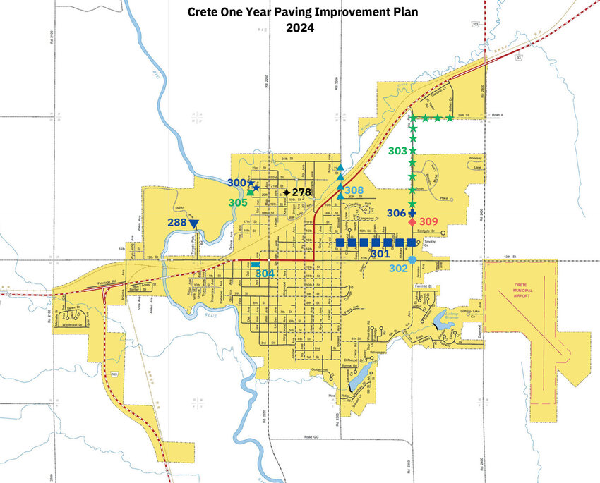The City of Crete approved its one- and six-year street improvement plan at the city council meeting on Feb. 20. This map depicts the locations of the street projects listed on the one-year plan. Council member Dale Strehle said that just because a project is on the one-year plan it does not mean the project must happen.