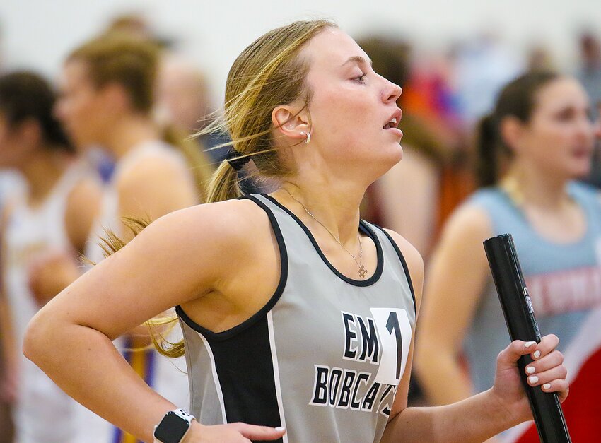 Reagan Bartley of EMF picks up her pace for the final lap of the 4X800m relay on March 15.