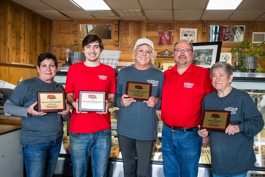 Karpiseks Meat Market Home of the Wilber Wiener, won four awards at the 2024 Nebraska Association of Meat Processors March 16. Pictured left to right: Tammy Packer, Evan Packer, Jodi Karpisek, Russ Karpisek and Barb Petracek..