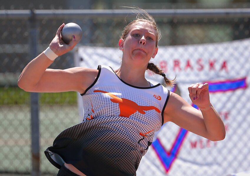 Dorchester's Bailey Theis competes in the Class D girls shot put competition at the state track meet in Omaha, finishing fifth with a toss of 39-1.5.