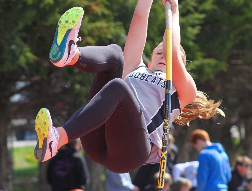 Ashley Braun of EMF gives it her all during the shot put at the EMF Invite on April 23.