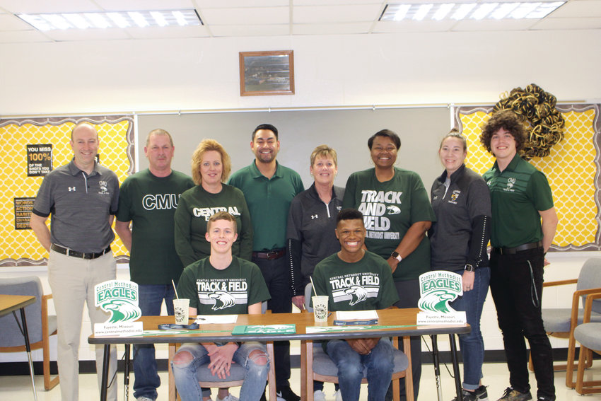 The Central Methodist track & field team will add two more Yellowjackets to its roster next year as Dawson Yung and Zy’Shonne Cowans signed with the Eagles on Wednesday, March 11. 

As a junior last season, Yung helped Glasgow win a conference track & field championship with a first-place finish in the 300-meter hurdles at the CAC meet. Yung also finished second in the 110-meter hurdles and ran with a first-place 4x100-meter relay. 

Yung said that the track and field coaching staff at CMU can help him reach his potential. 

“It’s a good fit for me because the people and coaches on the team are all so welcoming and want to succeed in the sport,” he said. “I know that the coaches will push me to be the best athlete I can.”

Yung plans to study elementary education at CMU in the fall.    

“It is going to be a great fit for me,” he said about the school. “When I went on a visit everyone was so welcoming and nice. I also liked how it felt like a second home to me.”

Cowans also brings experience to the Eagle distance squads. He medaled four times during the Yellowjackets conference championship track & field meet, and was the highest area finisher at the Class 1 state cross country meet in the fall.

Cowans said that the cross country and track programs at CMU will be a good fit.  

“I know the coaches and athletes on my team will push me to become a better runner and to be the best that I can be,” he said. “The coaches also want me to excel in the sports that I take such pride and spend time in as well.”

Cowans in undecided on a major, but is planning to study either education, English, or psychiatry. 

“CMU takes great pride in its academics and making sure that those students succeed during and after college,” Cowans said. 
“I loved the atmosphere and environment whenever I visited the campus. It’s very friendly, it’s a great environment to be around, and it’s a good size campus for me, too.”

Other Glasgow alums on the Eagles current roster include junior Hayden Hackman, sophomore Kristin Stockhorst, as well as freshmen Teagan Howell and Alyssa Yung.