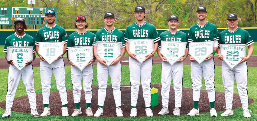 Central Methodist honored its eight seniors in style with a doubleheader sweep over Culver-Stockton to clinch the regular season Heart title on Senior Day. Left to right: Bobby Nichols, Sebastian Escobar, Dominic Van Doorne, Alexander Billo, Larry Riddle, Jr., Austin Ennis, Joseph Weatherford, and Marcus Prichard.