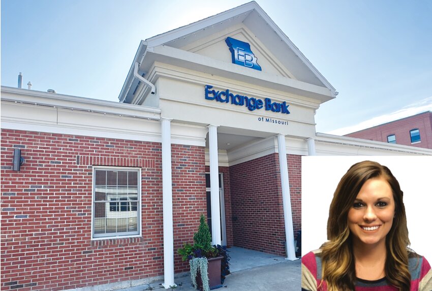 Exchange Bank of Missouri’s Fayette branch, located on South Church Street. Inset: Megan Dougherty as she formerly appeared on the bank’s website.