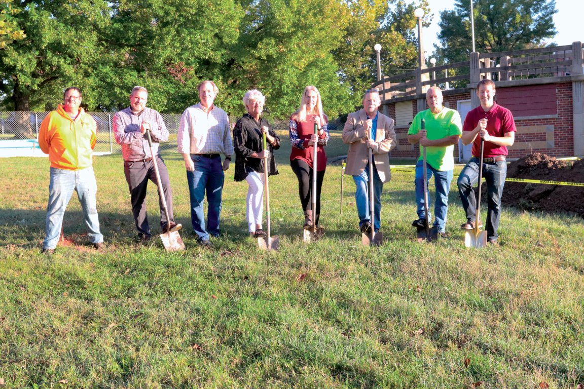 An official groundbreaking ceremony for the Fayette Splash Park was held on Monday morning. From left: Dave Buckel, with Ideal Landscaping, Lance Klein and Jay Wohlschlaeger with SWT Design, ad hoc committee members Sue Rudroff and Leslie Sutton, Fayette Mayor Kevin Oeth, Fayette Public Works Director Danny Dougherty, and ad committee chair John Pettit.