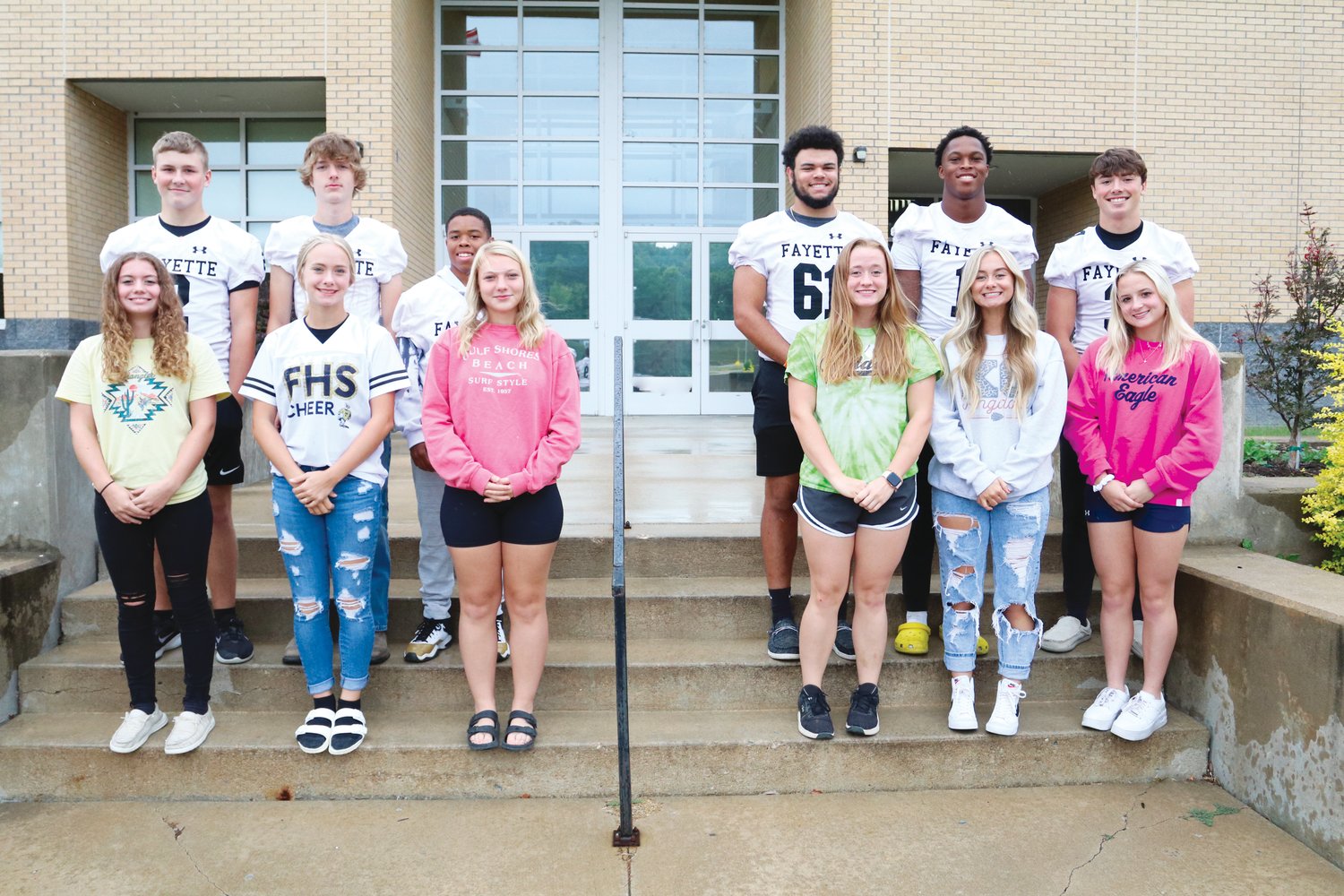 THE 2022 FAYETTE HIGH SCHOOL HOMECOMING COURT. Left: Freshman attendants Carter Vroman and Mariah Felten, sophomore attendants Camden Kindle and Cayle John, and junior attendants Kristian Pulliam and Jenny Kunze. Right: Senior King and Queen Attendants Haden Kelly and Megan Lewis, Chase Allen-Jackman and Madi Lawson, and Ben Wells and Preslee Sunderland.