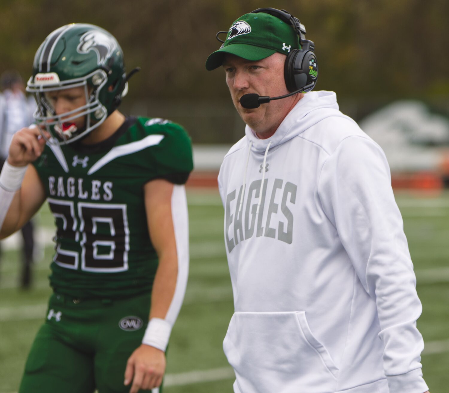 Central Methodist first-year head coach Dave Brown walks off the field during the Eagles’ final home game on Nov. 12.