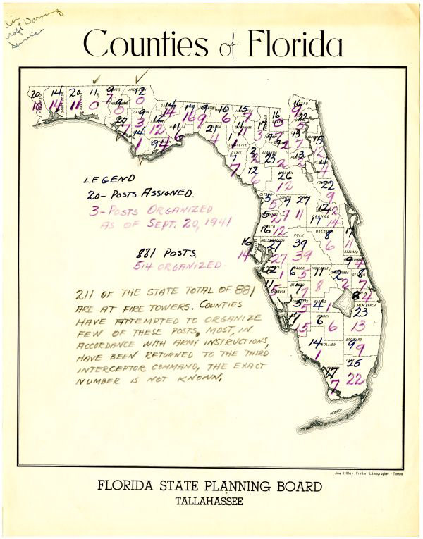 Map of Aircraft Warning Service observation posts in Florida as of September 20, 1941