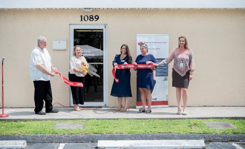 BELLE GLADE — Lamar Weathers, Belle Glade Chamber of Commerce; Mary Hart, Executive Director of Dress for Success Palm Beaches,; Pam Rada, Board Chair of Dress for Success Palm Beaches; Kelley Burke, Chief of Staff to County Commissioner Melissa McKinlay; Kathy Rhodes, Belle Glade Chamber of Commerce.