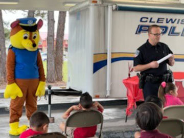 Chief of Police Tom Lewis and Chase from Paw Patrol visit VPK classrooms at area schools to teach children about Stranger Danger.