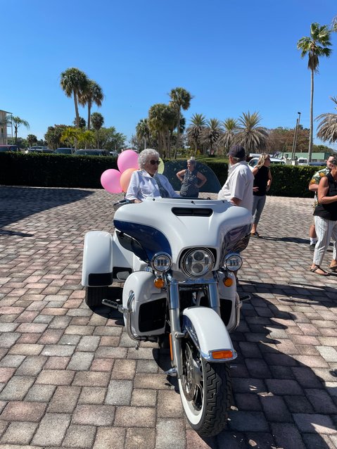 This was Mable Spangler's second ride on Larry Davis' motorcycle.