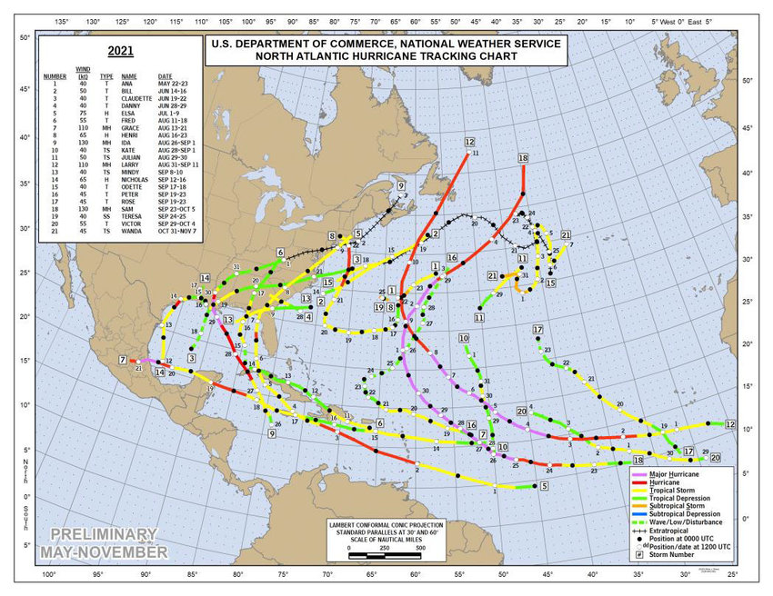Preliminary tracks of 2021 Atlantic tropical cyclone.