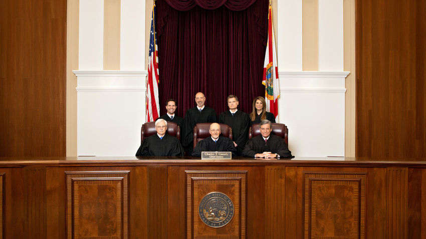 Bottom row (l-r): Justice Ricky Polston, Chief Justice Charles T. Canady, Justice Jorge Labarga. Top row (l-r): Justice John D. Couriel, Justice Alan Lawson, Justice Carlos G. Muñiz, Justice Jamie R. Grosshans.
