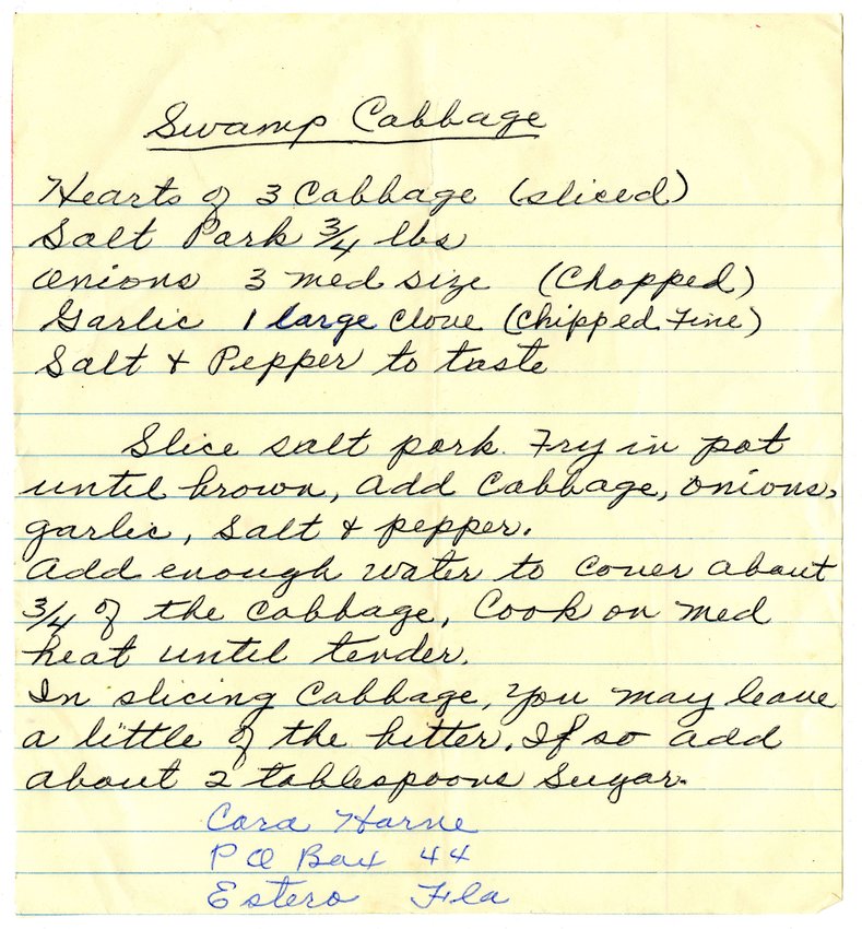 This Swamp Cabbage recipe written by Cara Harne of Estero  recipe appears to date to around 1975