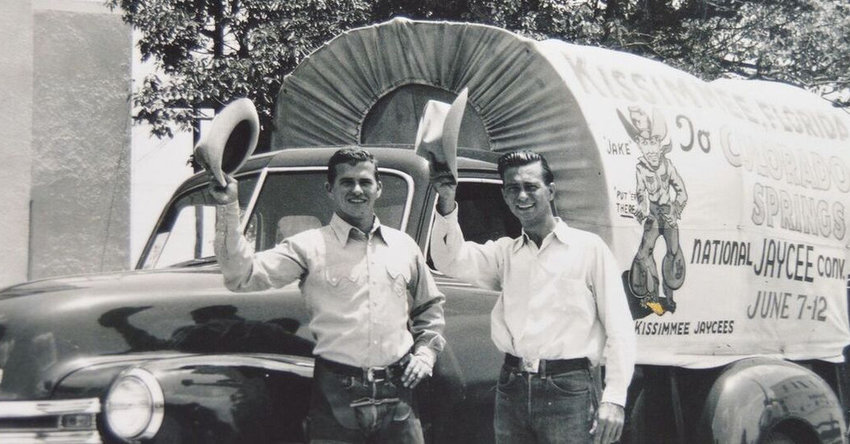 In 1949, after being asked to represent the Kissimmee Jaycees at the National Jaycees Rodeo in Colorado Springs, Pete Clemons fixed up a pickup truck to look like a chuckwagon. His friend, Buster Kenton, painted a cartoon cowboy based on Pete on the side of the vehicle. Kenton named the character, “Kowboy Jake.”
