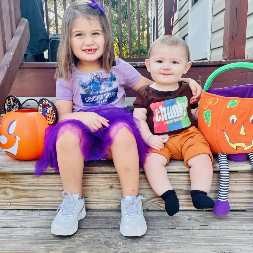 Willow Bryant, four years old as grape jelly and Elliott Bryant, seven months old, as chunky peanut butter.