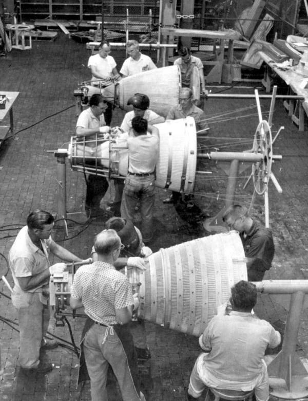 This 1958 photos shows workers assembling liquick hydrogen rocket engines at Pratt & Whitney Aircraft Company. [Photo courtesy Florida Memory Project]