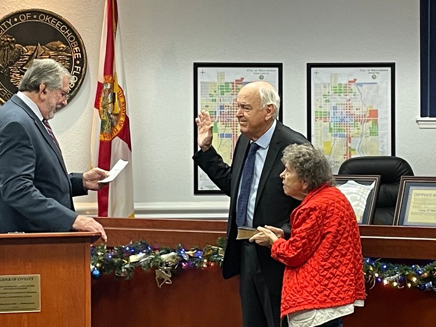 Bob Jarriel accompanied by his wife Rose, was sworn in for his second term as city councilman. Jarriel has many years of experience serving on various boards.