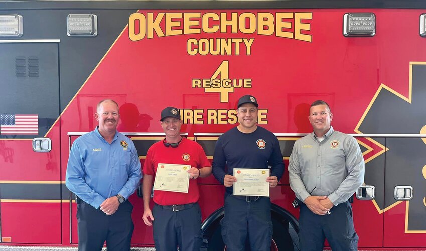Firefighters were presented with prestigious Stork Award after helping to deliver a baby. Pictured left to right are Fire Chief Earl Wooten, Lt. Gwilt, FF/EMT Piloto and Deputy Chief Hazellief.