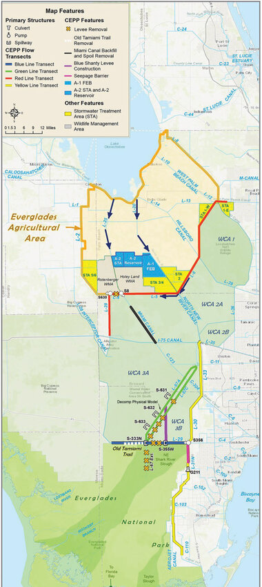 The EAA reservoir (marked A-2 reservoir on this map) will be fed with water from Lake Okeechobee via the Miami Canal and the North New River Canal. The EAA Stormwater Treatment Area (marked A-2 STA) on this map will be completed before the reservoir and have the capacity to clean water directly from the lake until the reservoir is completed. [Photo courtesy USACE]
