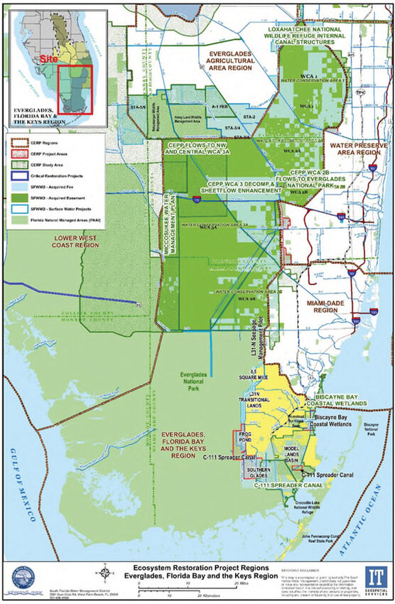 This map shows the area south of Lake Okeechobee from the Everglades Agricultural Area (in white near the top of the map) to Florida Bay, More than 25% of the original EAA is now in public ownership, used for the EAA Stormwater Treatment Areas (STAs), the Flow Equalization Basin (FEB), the EAA Reservoir (under construction) and the EAA Reservoir STA (ready for planting soon.) The Tamiami Trail (which separates WCA-3 from Everglades National Park, blocks the natural flow of water south.