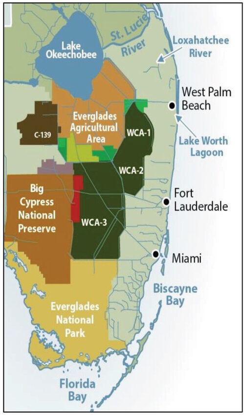 Lake Okeechobee covers about 730 square miles or 467,200 acres.
The 629,781 acres in the Everglades Agricultural Area (EAA) Basin includes about 445,885 acres of agricultural land, 65,000 acres of wetlands, 17,421 acres of urban use, 101,466 acres used by Comprehensive Everglades Restoration Project projects. The stormwater treatment areas within the EAA Basin cover 61,964 acres.
The Water Conservation Areas cover 864,000 acres.
Big Cypress National Preserve covers about 729,000 acres.
Everglades National Park covers 1,509,000 acres.