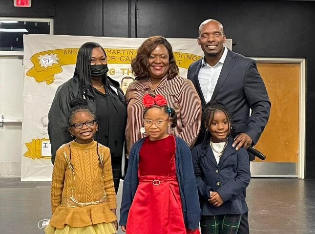 The winners for K-2. Front row from left to right are Leila Camel, Kimora Shakur, and Amor Miller. Back row, from left to right, are RES Resource Teacher Shamekia Camel, RES Assistant Principal Sonya Green, and RES Principal Bruce Hightower.