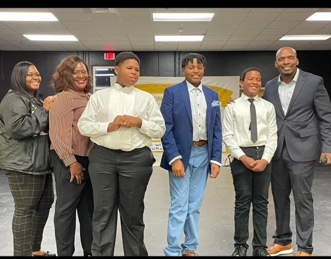 The winners for grades 6-8. From left to right are Resource Teacher Shamekia Camel, RES Assistant Principal Sonya Green, Ky’Drick Turner, Caleb Vickers, Jaiden Patrick, and RES Principal Bruce Hightower.