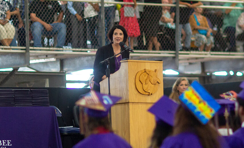 OHS principal Lauren Myers speaking at the OHS graduation ceremony. [Photo by Richard Marion]
