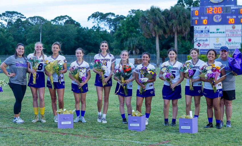 The Lady Brahman senior lacrosse players were recognized before their game against St. Cloud