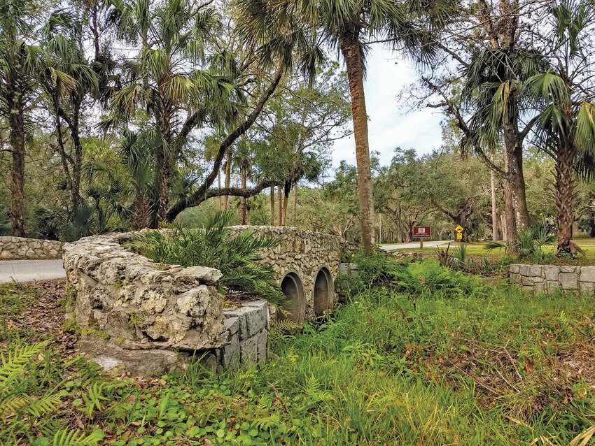 Historic masonry marks the entrance to the family campground at Highlands Hammock.