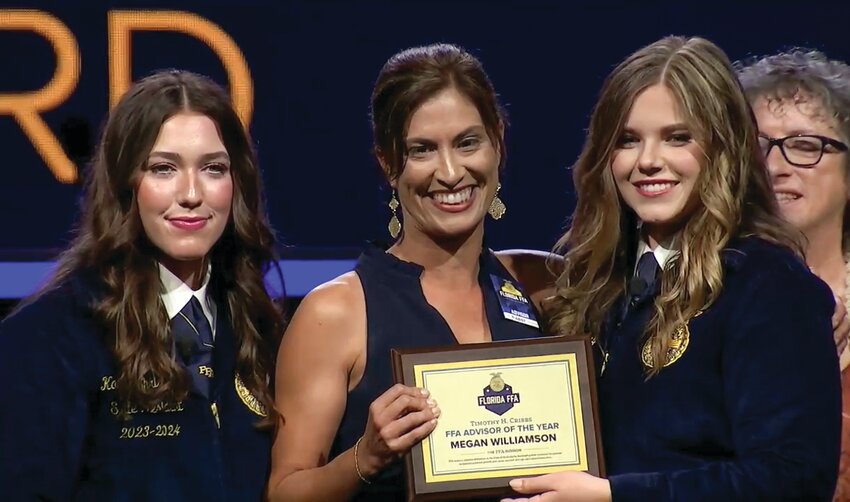 From left to right: Florida FFA president Kaylee Ehrisman, Megan Williamson, and Florida FFA secretary Jenna Larson. (Photo courtesy Florida FFA/Lake Okeechobee News)