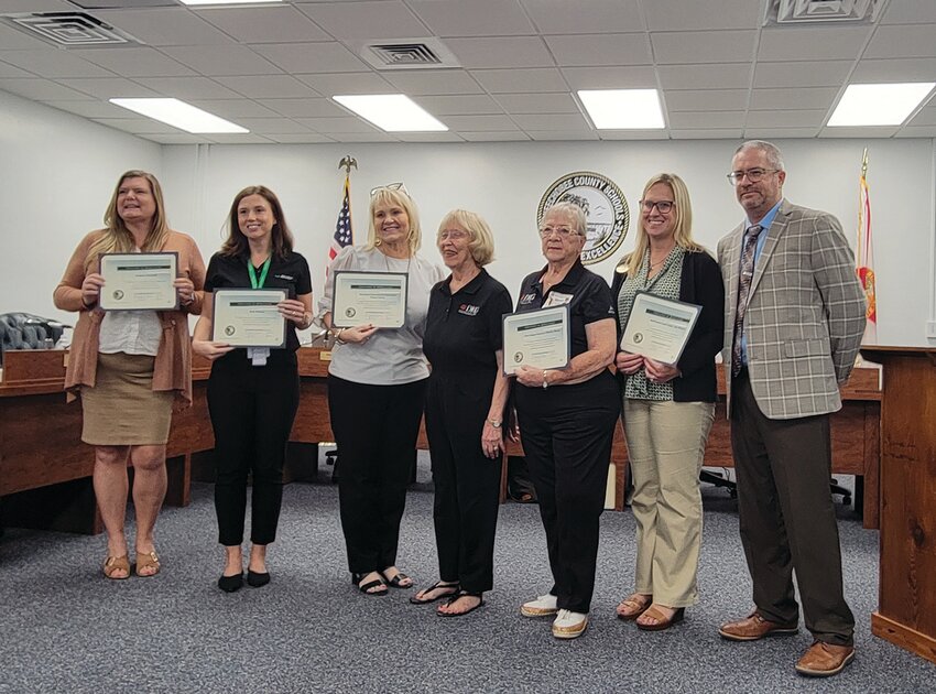 OKEECHOBEE — Those who helped organize the teacher orientation were recognized at the Sept. 10 school board meeting. In no particular order they are Delta Marilyn Rinear for Delta Kappa Gamma, Donna Garcia for Heartland Educational Consortium, Ericka for Kelly Services, Amy Wilbur for MidFlorida Credit Union, Jorje Botello for Okeechobee County Education Association, and Leah Suarez for Our Village.