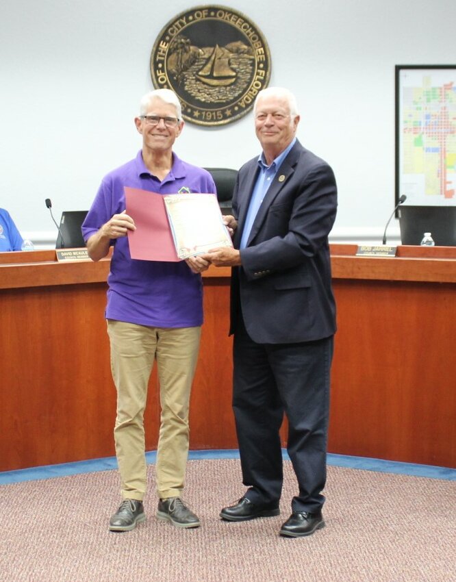 OKEECHOBEE — Mayor Dowling Watford and the Okeechobee City Council proclaim October 2024 as Domestic Violence Awareness Month. Accepting the proclamation is Jonathan Bean, executive director of Martha's House.

