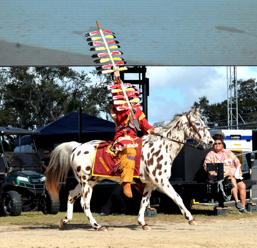 BRIGHTON -- Florida State University mascot Osecola and his horse Renegade led the parade at Brighton Seminold Field Day on Feb. 15. [Photo by Katrina Elsken/Lake Okeechobee News]