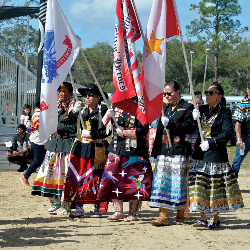 BRIGHTON -- Members of the Lakota Women Warriors were part of the Salute to the Military at the Brighton Seminole Field Day on Feb. 15. [Photo by Katrina Elsken/Lake Okeechobee News]
