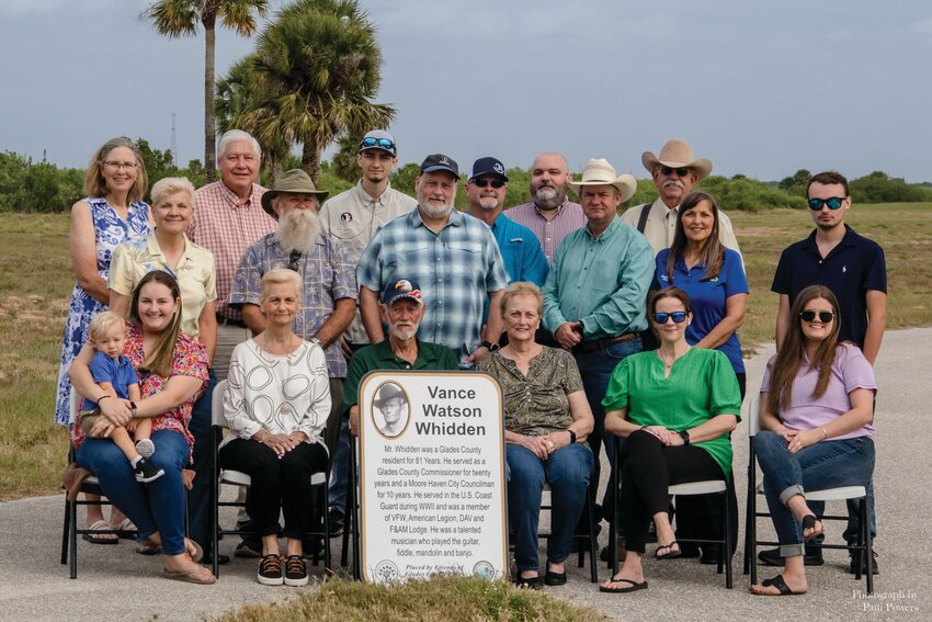 (Seated) Kayla Schoenfeld Mosley (holding John Mosley), Kathy Whidden Miller, Paul Whidden, Sharon Whidden, Brandi Miller Schoenfeld, Kirsten Schoenfeld Mosley, (standing) FGCP Garnett Ahern, FGCP Kate Adams, Tim Stanley, FGCP  Harry Moldenhauer, Brandon Schoenfeld, Andre Brown, Jeff Barnes, Jon Paul Miller,  Jeff Patterson, “Gator” Sapp, Hattie Taylor, Christopher Miller. [Photo by Patti Powers]