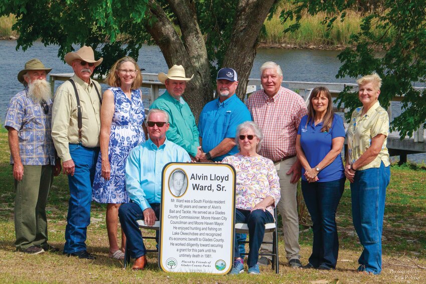 (Seated) Alvin Ward, Jr. and Brenda Ward Choban, (standing) FGCP Board Member Harry Moldenhauer, Commissioner “Gator” Sapp, FGCP Board Member Garnett Ahern, Commissioner Jeff Patterson, Commissioner Jeff Barnes, Commissioner Tim Stanley, Commissioner Hattie Taylor, FGCP President Kate Adams. [Photo by Patti Powers]