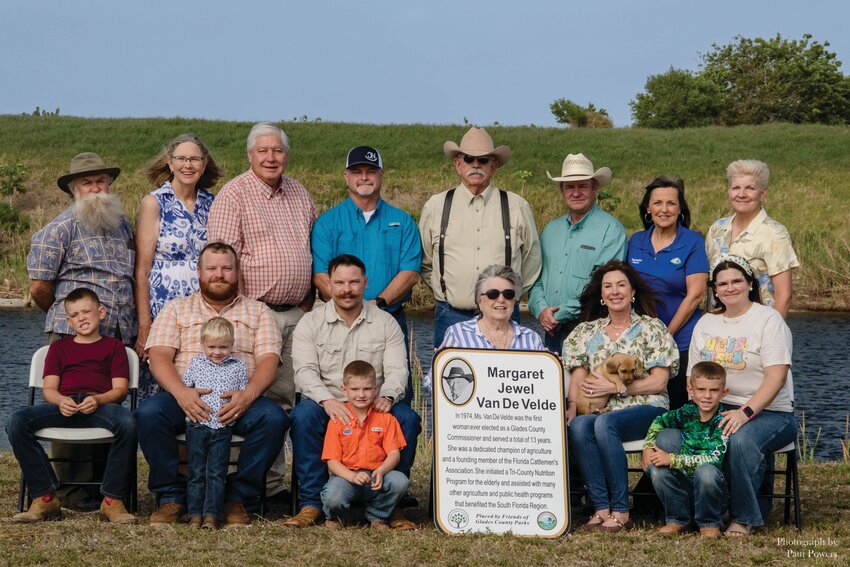 (Front row) Taw Thompson, Macklin Thompson, Callum Thompson., (seated) Ruger Thompson, Joseph Thompson II, Robert Thompson, Jane Stokes (Margaret Van de Velde’s sister), Cherish Onega, Laura Thompson., (standing) FGCP Harry Moldenhauer, FGCP Board Member Garnett Ahern, Tim Stanley, Jeff Barnes, “Gator” Sapp, r Jeff Patterson,  Hattie Taylor, FGCP President Kate Adams. [Photo by Patti Powers]