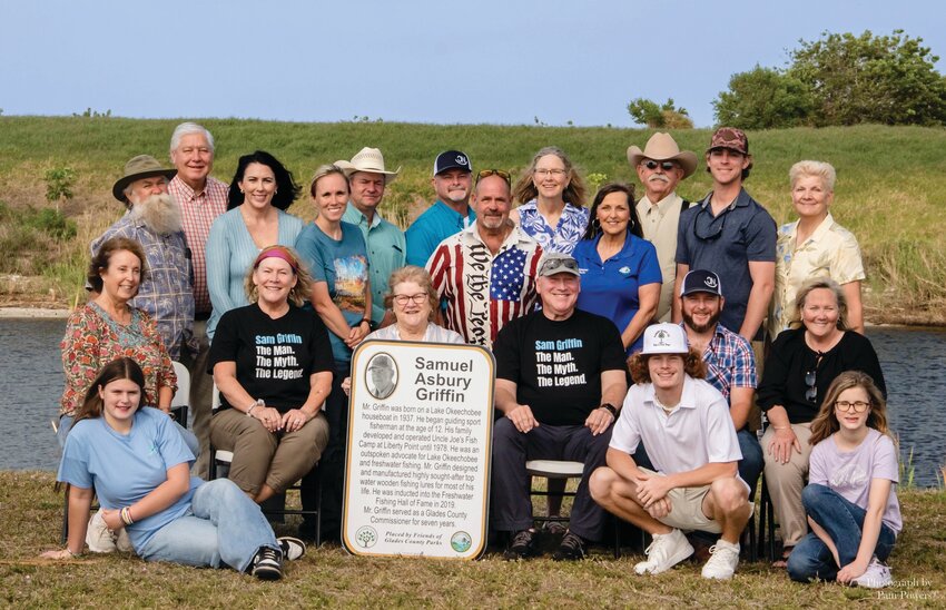 (Front row) Kenley Roberts, Cayson Holman, Mackynzie Peeno, (seated)  Kathy Griffin Decker, Crissy Griffin Fabian, Carol Griffin, Samuel J. Griffin, Jake Griffin, Beth Griffin, (standing) FGCP  Harry Moldenhauer, Tim Stanley, Sera Griffin Aul, Nancy Peeno, Jeff Patterson, Jeff Barnes, Cliff Peeno, FGCP Board Member Garnett Ahern, Hattie Taylor, “Gator” Sapp, Corey Aul, FGCP Kate Adams. [Photo by Patti Powers]