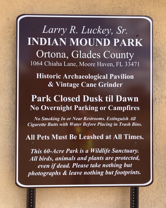 GLADES COUNTY -- The new entry sign was installed in February 2025 at the LRLS Indian Mound Park in the Glades County community of Ortona. [Courtesy photo]