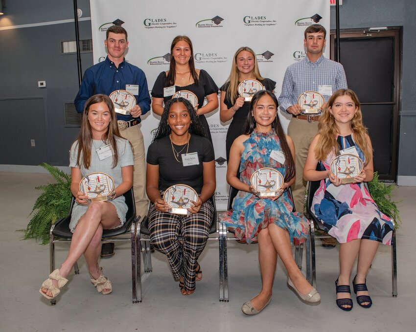 Glades Electric Cooperative awarded the following students with $5,000 scholarships. Back row left to right: Cross Fulford (Moore Haven Christian Academy), Paige Person (Lake Placid High School), Madison Atkinson (Clewiston High School), and Jackson Holcomb (Okeechobee High School). Front Row: Caylee Howerton (Sebring High School), Alana White (LaBelle High School), Kylie Labra (Sebring High School) and Jessica Shin (Lake Placid High School). [Photo courtesy Glades Electric Cooperative].