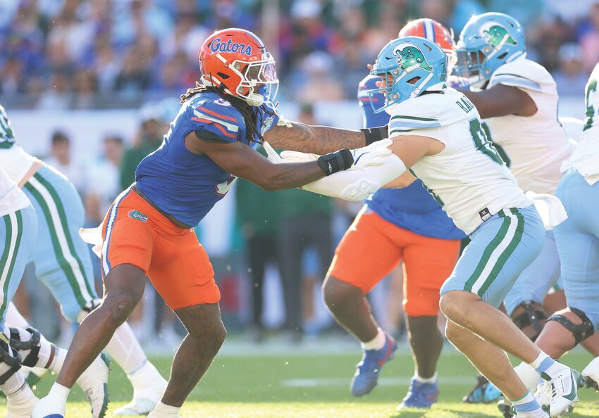 Ja'Markis Weston blocks during the Gators' game against the Tulane Green Waves in the Gasparilla Bowl on Friday, December 20, 2024 at Raymond James Stadium in Tampa, Fla. [UAA Communications photo by Katie Park]