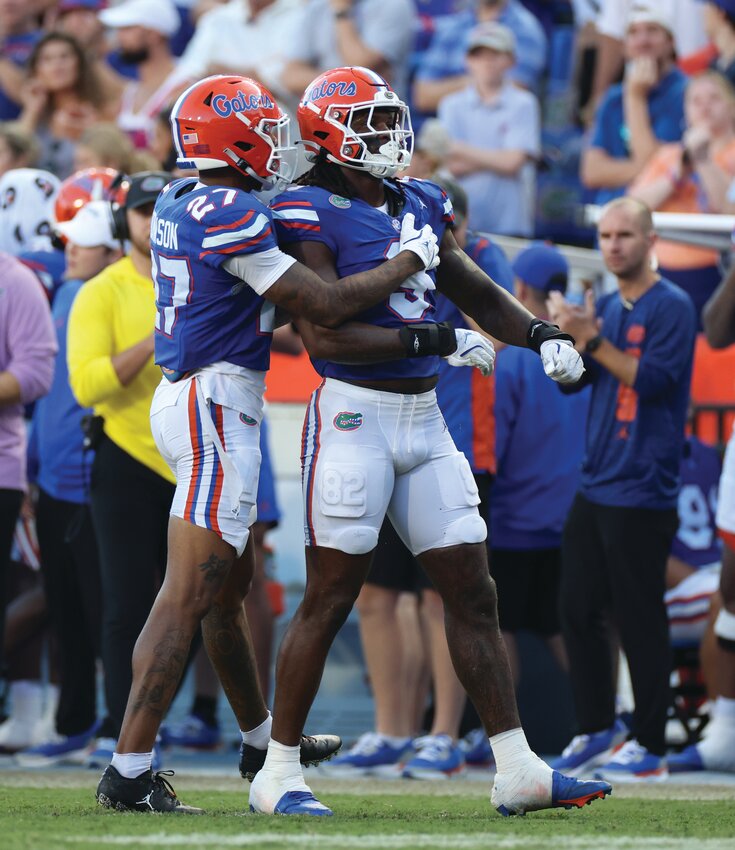 Ja'Markis Weston celebrates during the Gators' game against the Texas A&M Aggies on Saturday, September 14, 2024 at Ben Hill Griffin Stadium in Gainesville. [UAA Communications photo by Maddie Washburn]