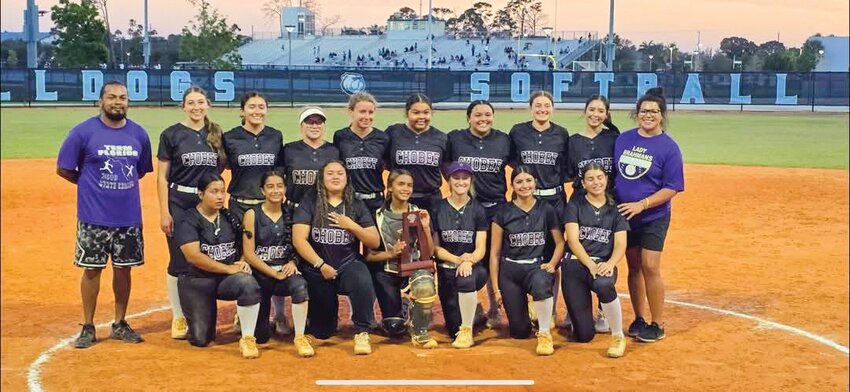 The Lady Brahmans with their district championship trophy after defeating Joaquin Garcia. [Photo courtesy OHS Softball]