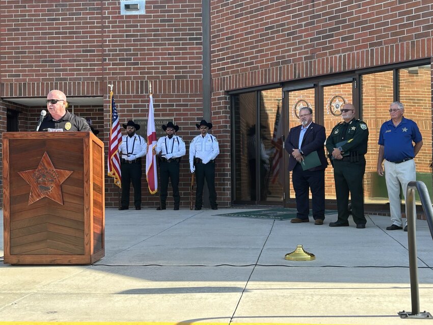 At 9 a.m. on May 15 in front of the Okeechobee County Sheriff’s Office, Okeechobee City Police Chief Donald Hagan welcomed everyone to the ceremony and led the crowd in the Pledge of Allegiance after a Presentation of the Colors by the Honor Guard.