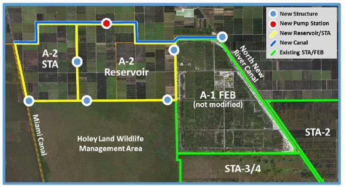 The Everglades Agricultural Area (EAA) reservoir (labeled A-2 reservoir on the map) will be built on former sugar cane farm land in the EAA. The reservoir will cover about 10,500 acres. The stormwater treatment area (STA) will cover about 6,500 acres. To the east of the reservoir is the A-1 Flow Equalization Basin (FEB)